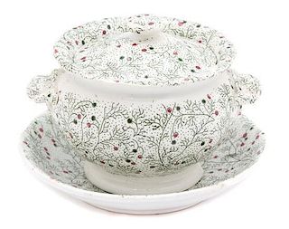 An English Staffordshire Delicate Seaweed Pattern Child's Covered Tureen with Undertray Diameter 4 7/8 inches.