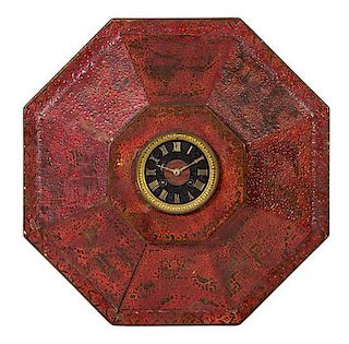 A Red Lacquered Octagonal-Form Wall Clock Diameter 17 inches.