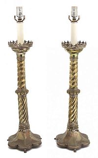 A Pair of Gilt Metal Torchere Style Lamps Height of base 23 inches.