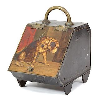 An English Tole Painted Coal Scuttle Height 16 x width 10 1/2 x depth 19 inches.