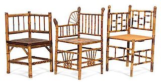 A Group of Three Victorian Bamboo Corner Chairs Height of first 36 inches.