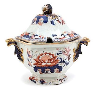 Two English Ironstone Imari Palette Serving Pieces Height of tureen 12 1/2 inches.