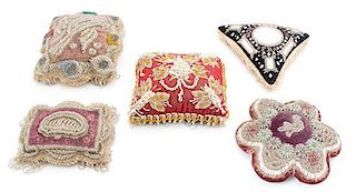 A Collection of Five Victorian Beaded Velvet Pin Cushions Largest 9 1/5 x 8 inches.