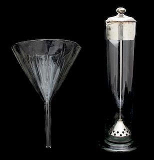 An English Silver Plate Fitted Glass French Coffee Press and a Blown Glass Funnel Height of tallest 15 1/2 inches.
