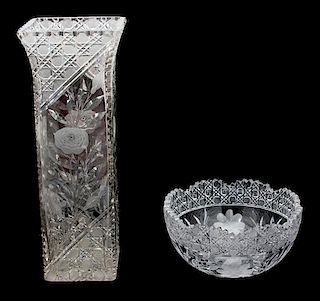 Two Pieces of Floral and Geometric Cut Glass Height of vase 14 1/2 inches.