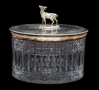 An English Silverplate and Cut Crystal Covered Box height 6 1/2 x width 8 x depth 5 1/2 inches.