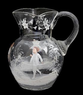 A Mary Gregory Glass Ewer Height 7 3/4 inches.