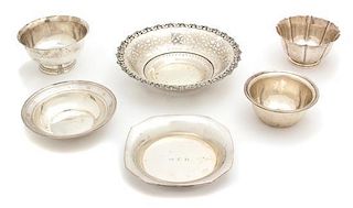 Six Miscellaneous American Silver Bowls, Various Makers, comprising three small bowls, a shallow bowl and a reticulated bowl 