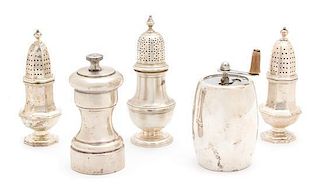 Five American Silver Table Articles, Various Makers, comprising three standing salts and two pepper grinders