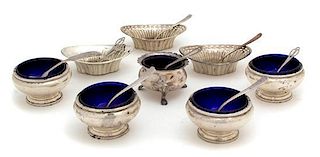 A Group of Miscellaneous Silver Articles, Various Makers, comprising three nut dishes, five open salts with cobalt blue