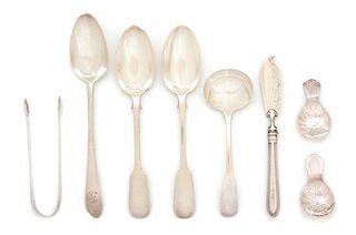 Eight Miscellaneous English Silver Flatware Items, Various Makers, comprising three tablespoons, a sauce ladle, a pair of sug