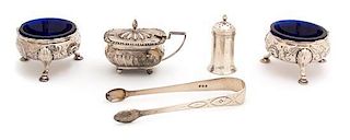 Five English Silver Table Articles, Various Makers, comprising a pair of open salts, a standing pepper, a footed condiment bo