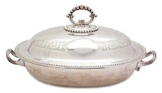 An English Silver Plate Covered Entree Dish, Mappin & Webb, with engraved Greek key decoration and beaded border, with a hot 