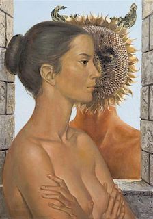 Jean Pierre Alaux, (French, b. 1925), Female Nude Profile with Sunflower Man