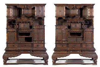 A Pair of Carved Hardwood Display Cabinets, Height 83 x width 61 1/2 x 26 inches.