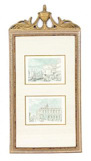 A Pair of Decorative Giltwood Frames with Four Prints Height 46 x width 23 inches.