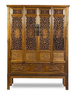A Chinese Carved Wood Cabinet, Height 74 x width 53 x depth 24 inches.