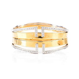 Contemporary Design Italian Diamond and 14 Karat Yellow and White Gold Hinged Cuff Bangle Bracelet.
