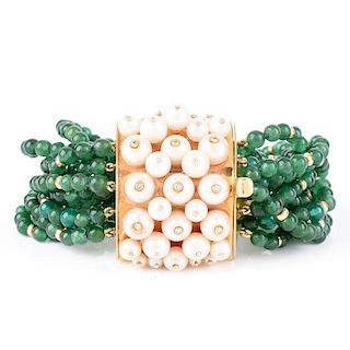 Circa 1950s Multi Strand Emerald Bead, Pearl and 18 Karat Yellow Gold Bracelet. Emerald beads measu