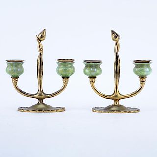 Pair of Tiffany Studios New York, Gilt-Bronze Two Light Candelabras with Hand Blown Favrile Glass U