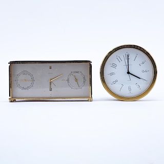 Two Brass Clocks. A Tiffany & Co. round quartz clock, inscribed "To Jay From Normie 12-11-81"; a Sa