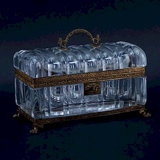 Antique Crystal And Bronze Vanity Box. Key included. Unsigned. Good condition. Measures 6" H x 10"