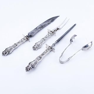 Four (4) Sterling Silver Serving Utensils. Includes Wallace Irian sterling handled carving set with