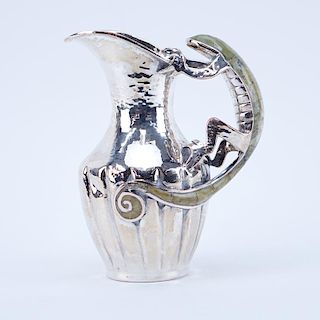 Mexican Silver Plated Pitcher With Inlay Stone Lizard Handle. Hand hammered. Signed. Dents, wear. M