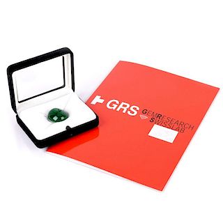 Gem Research Swiss Lab Certified 62.34 Carat Oval Cabochon Zambian Emerald. Measures 28.37 x 24.44