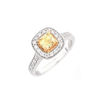 GIA Certified .59 Carat Fancy Yellow Diamond, .65 Carat Round Brilliant Cut Diamond and 18 Karat Wh