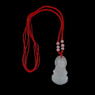 A Chinese Carved White Jade Buddha Pendant on Cord Necklace with Beads. Good condition. Measures 1-