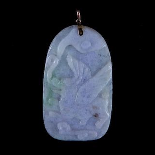 Antique Chinese Carved Apple Green Jade Pendant with 14 Karat Yellow Gold Clasp. Stamped 14k. Koi f