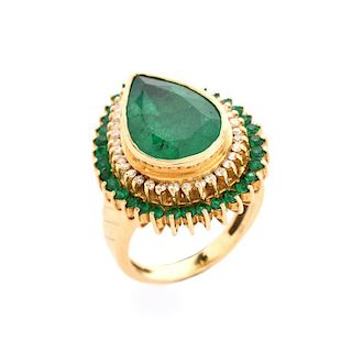 Approx. 7.50 Carat Pear Shape Colombian Emerald and 18 Karat Yellow Gold Ring accented with .50 Car