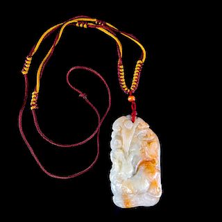 Antique Chinese Carved Celadon to Russet Jade Pendant on Cord Necklace. High relief foo dog. Good c