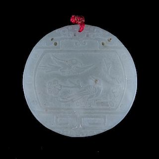 A Chinese Carved Light Celadon Jade Circular Pendant. Birds in nature with archaic patterns. Good c