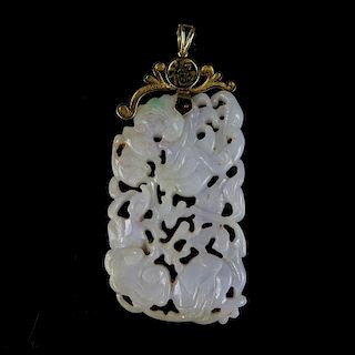 Antique Chinese Carved Lavender and Apple Green Jade Reticulated Floral Relief Pendant Mounted in 1