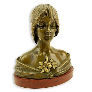 Emmanuel Villanis, French (1858 - 1914) Bronze Sculpture on Marble Base, Female Bust with Edelweiss