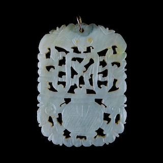 Antique Chinese Carved Celadon Jade Reticulated Pendant/Plaque 14 Karat Yellow Gold Clasp. Stamped