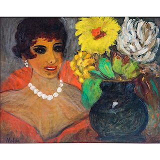 Attributed to: Emil Nolde, German (1867-1956) Oil on Panel, Woman with Flowers. Signed lower left. Very good condi