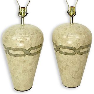 Pair of Mid Century Modern Karl Springer Style, Tessellated Stone Lamps. Good condition. Overall Me