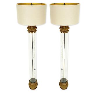 Pair of Neoclassical Style Carved Gilt Wood and Glass Corinthian Floor Lamps with Drum Shades by Re
