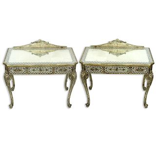 Pair of La Barge Venetian Style Mirrored, Painted, and Wood Side Tables. Signed. Three drawers with