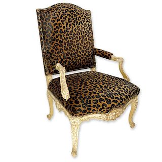 Vintage Cow-Hide Upholstered and Carved Wood Fauteuil Chair. Stencil cheetah print on upholstery an