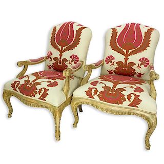 Pair of Vintage Carved Wood and Fine Custom Floral Upholstered Fauteuils. Upholstery is in good con