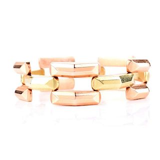 Retro 14 Karat Yellow and Pink Gold Geometric Link Bracelet. Stamped 14K. Surface wear from normal