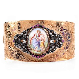 Antique 14 Karat Yellow Gold Hinged Wide Cuff Bangle with Porcelain Miniature, Diamond and Gemstone