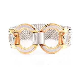 Vintage Italian 18 Karat Yellow and White Gold Mesh Link Bracelet with Cubic Zirconia Accents. Stam