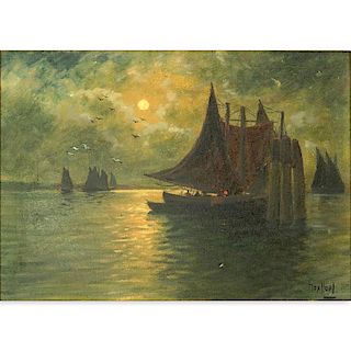 19/20th Century Oil on Canvas "Nautical Scene" Signed Max Hopl? Lower Right. Restorations and small