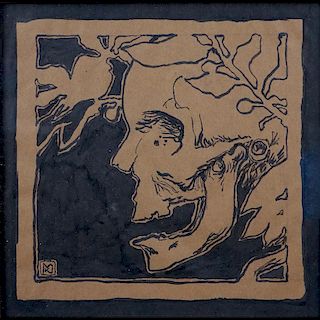 Kolomann Moser, Austrian (1868 - 1918) Ink on brown paper "Profile". Signed lower left with monogra