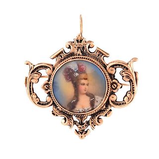 Vintage 14 Karat Yellow Gold Pendant / Brooch with Painted Portrait Miniature. Stamped 14K. Very go